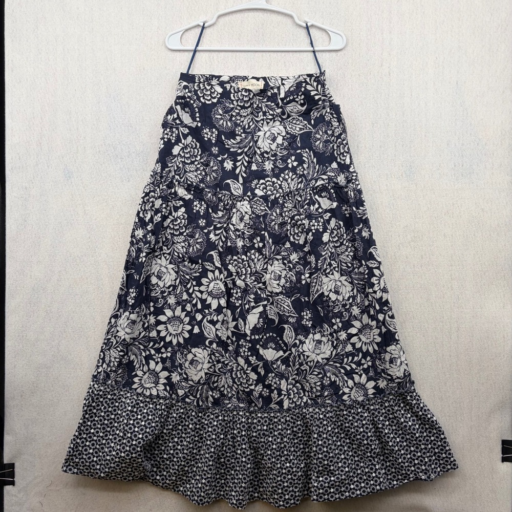 Luna Moon Navy Blue White Floral Maxi Skirt Small Tiered Boho Cotton 23-30A